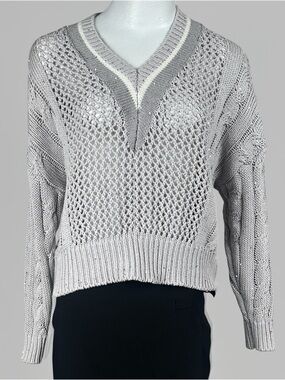 Brunello Cucinelli Grey Sequin Collegiate V-Neck Sequin Sweater